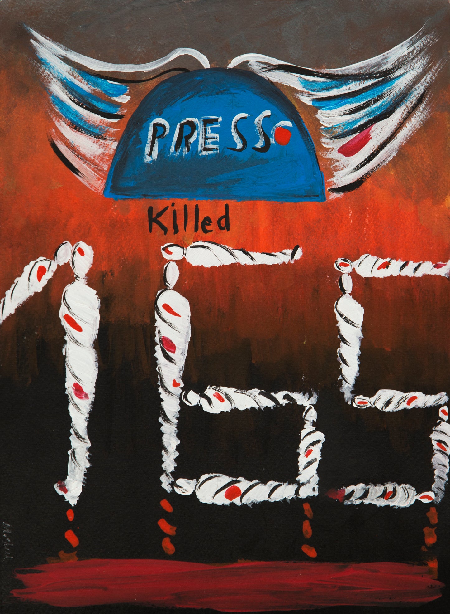 Print of press labeled helmet, mourning the killing of journalists - political palestinian art by Muftah Elsheref