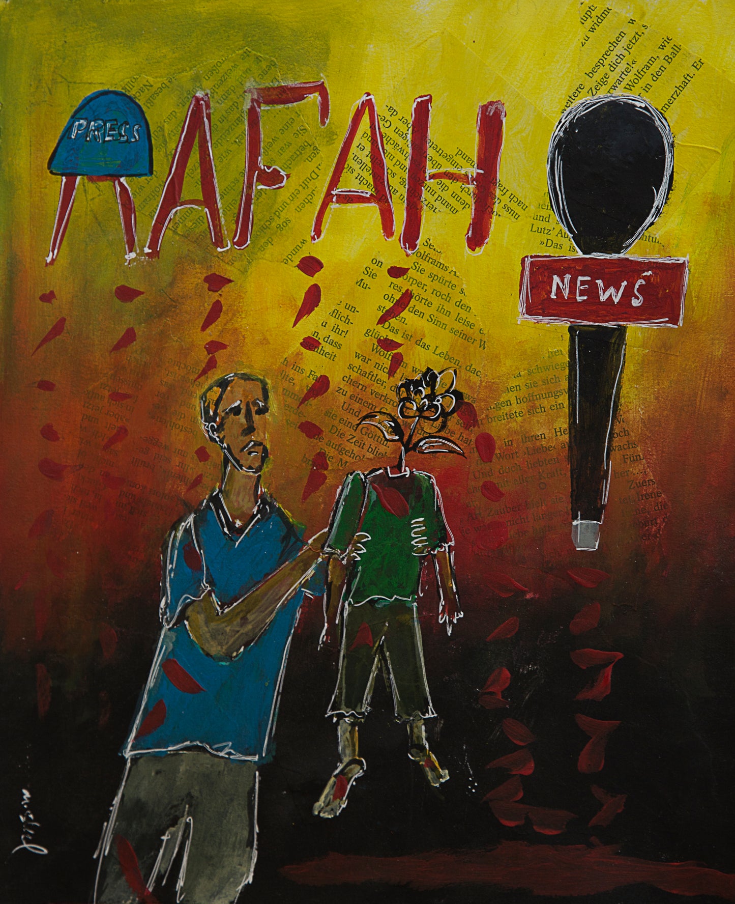 Print of a man mourning the death of his son without a head. Palestinian press and news in the background