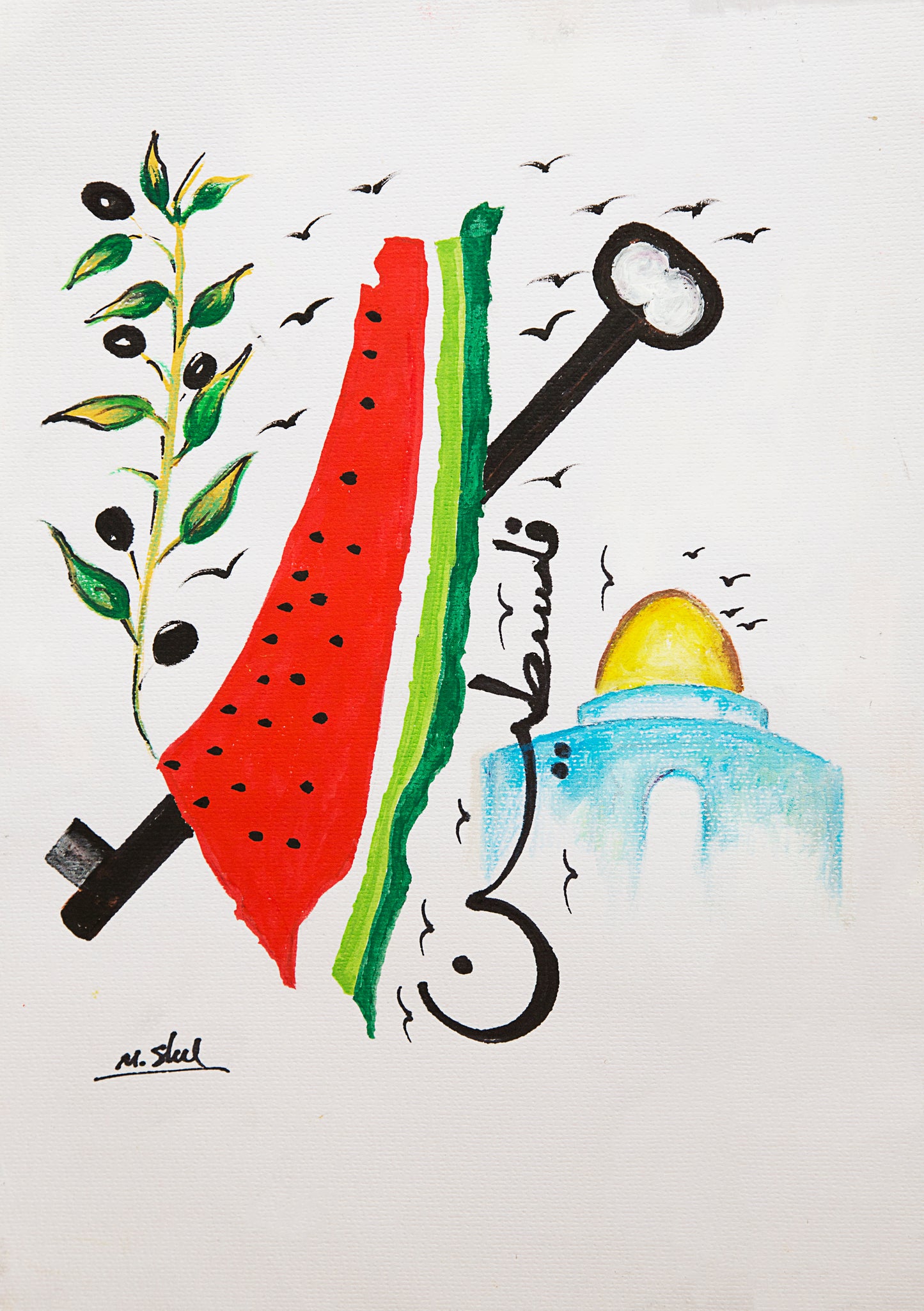 Painting of the State of Palestine pictured as a Watermelon, with a key, olive branches and Al-Aqsa mosque. Palestinian art by Muftah Elsheref.