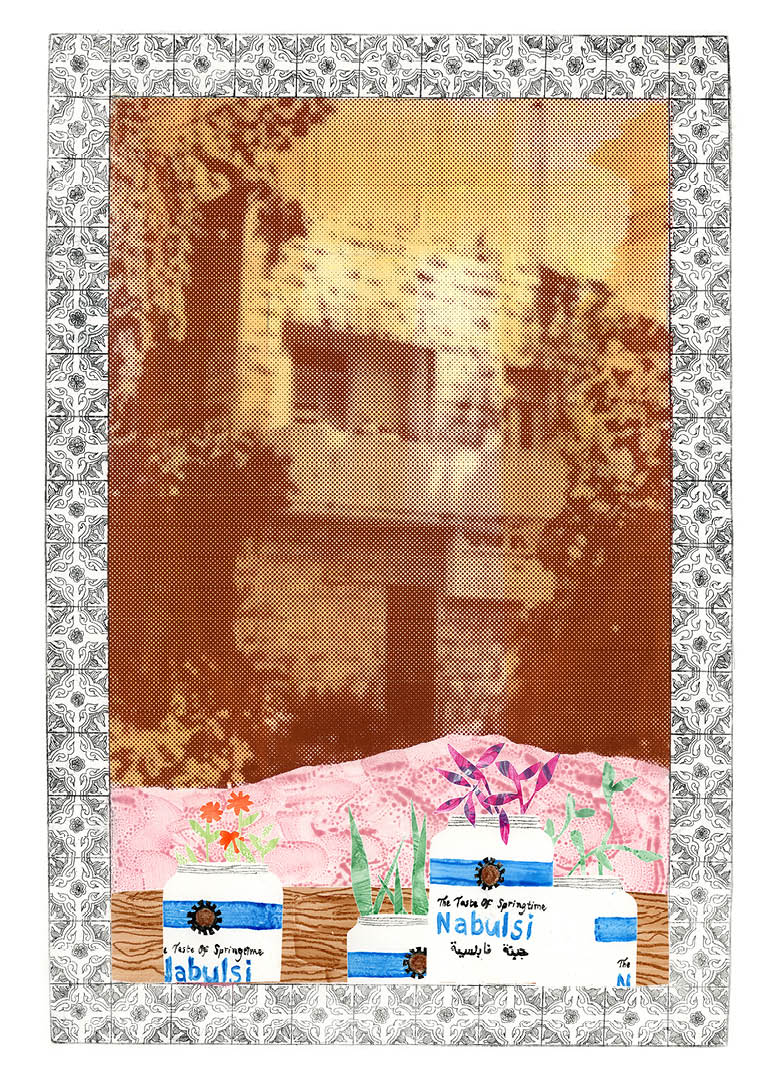 A mixed media collage featuring a sepia-toned, halftone image of a stone building surrounded by foliage. In the foreground, illustrated Nabulsi containers labeled 'The Taste of Springtime' in English and Arabic are repurposed as plant pots, with vibrant flowers and leaves sprouting from them. The lower area has a pink, patterned ground with a wood-textured strip, all framed by a black and white floral tile border.