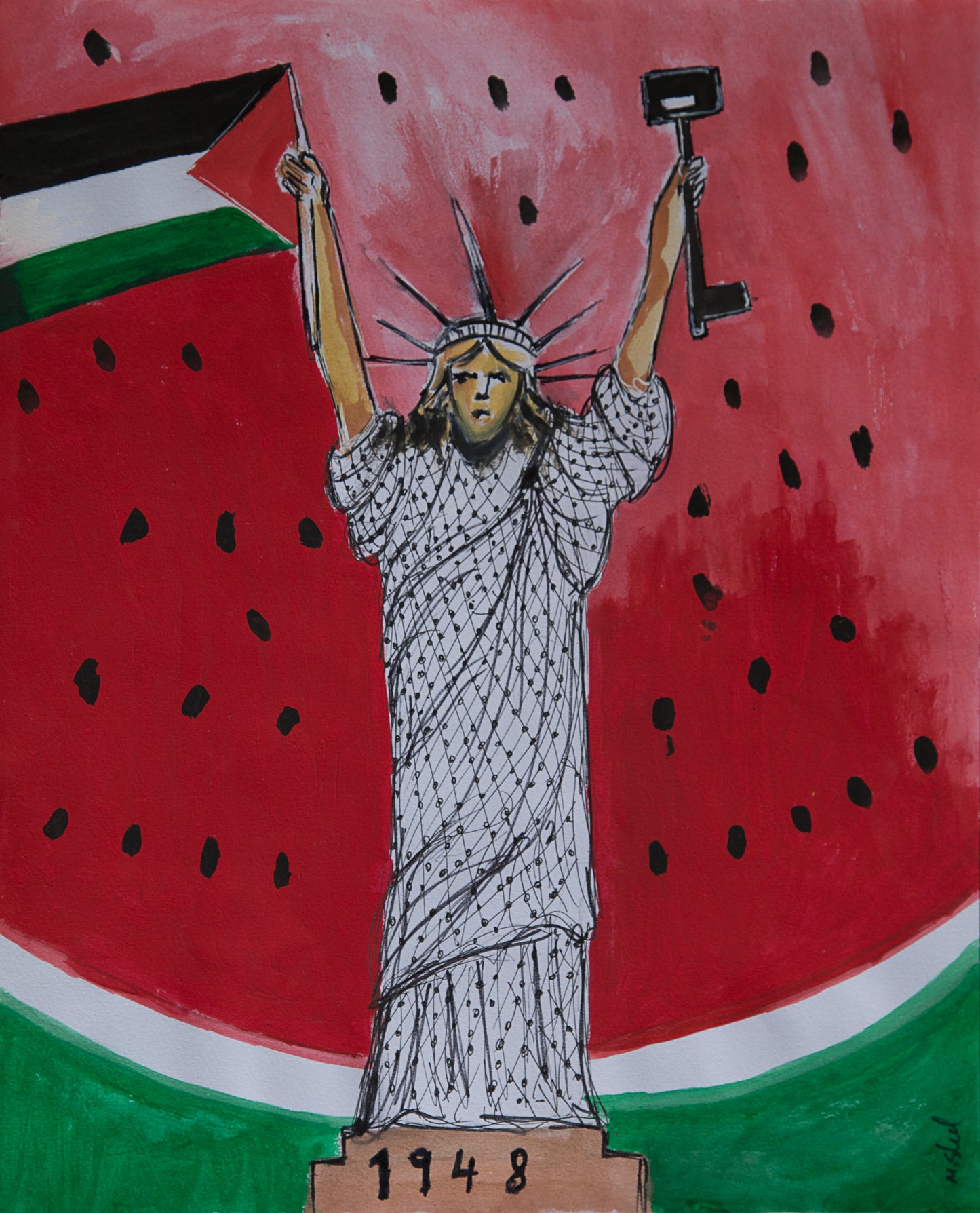 Portrait of The Statue of Liberty dressed in a Keffiyeh holding a key and palestinian flag with a watermelon background. Political Palestinian art by Muftah Elsheref