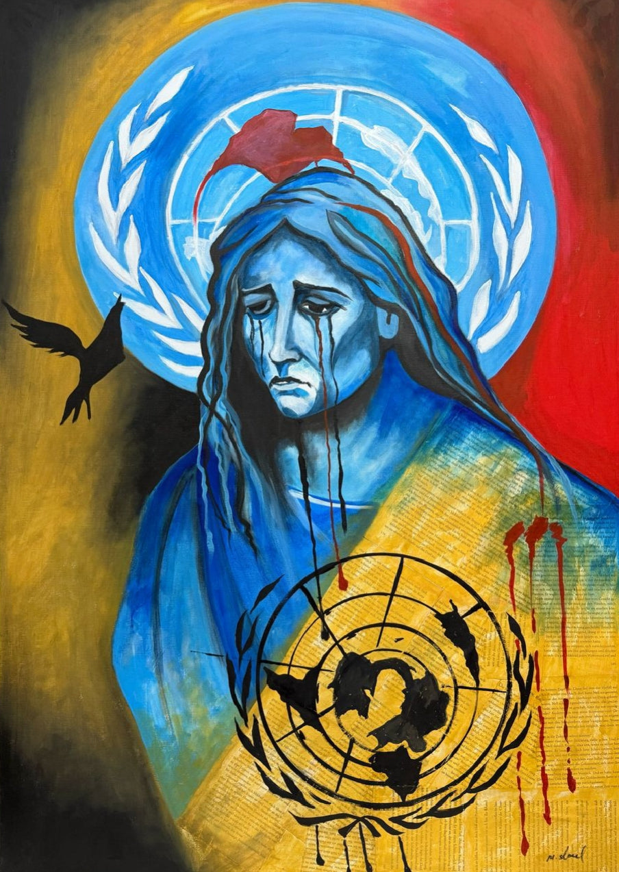 portrait of a man crying with tears with the united nations symbol in background with blood tears. Political Palestinian art by Muftah Elsheref