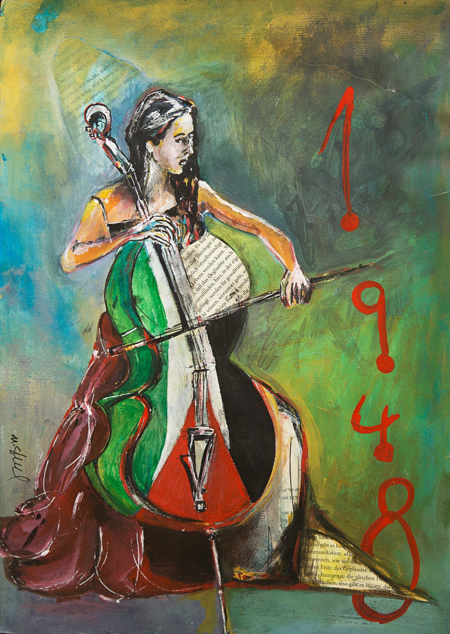 A portrait of a woman playing a violin painted as a palestinian flag and labelled 1948. Political Palestinian art by Muftah Elsheref.