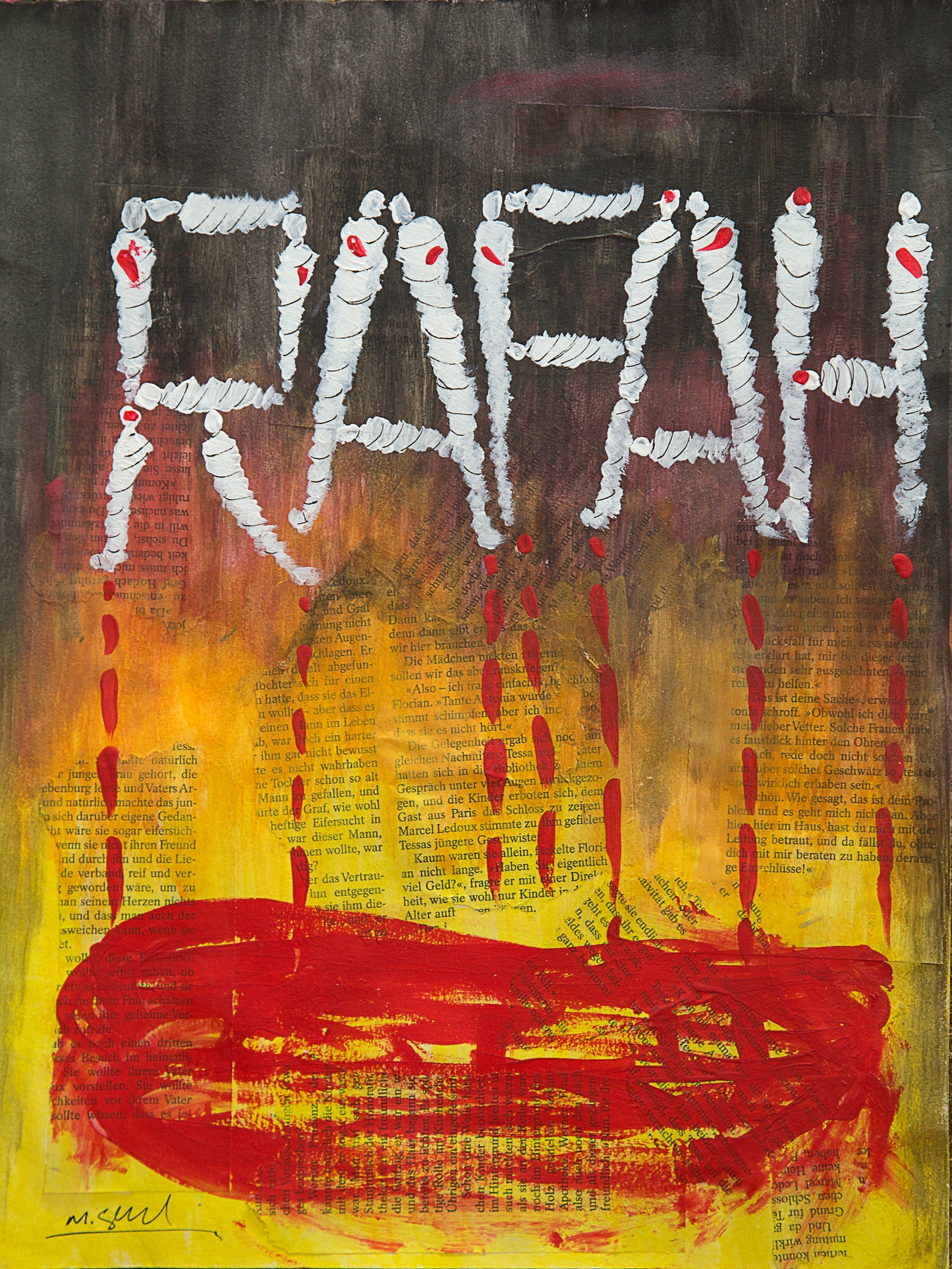 Portait of the word Rafah written with body bags and dripping red blood into a pool of blood. Political Palestinian art by Muftah Elsheref