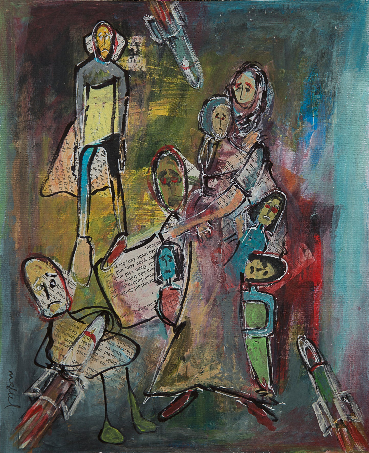 Painting of children witnesses bombs being dropped on them. Political Palestinian art by Muftah Elsheref