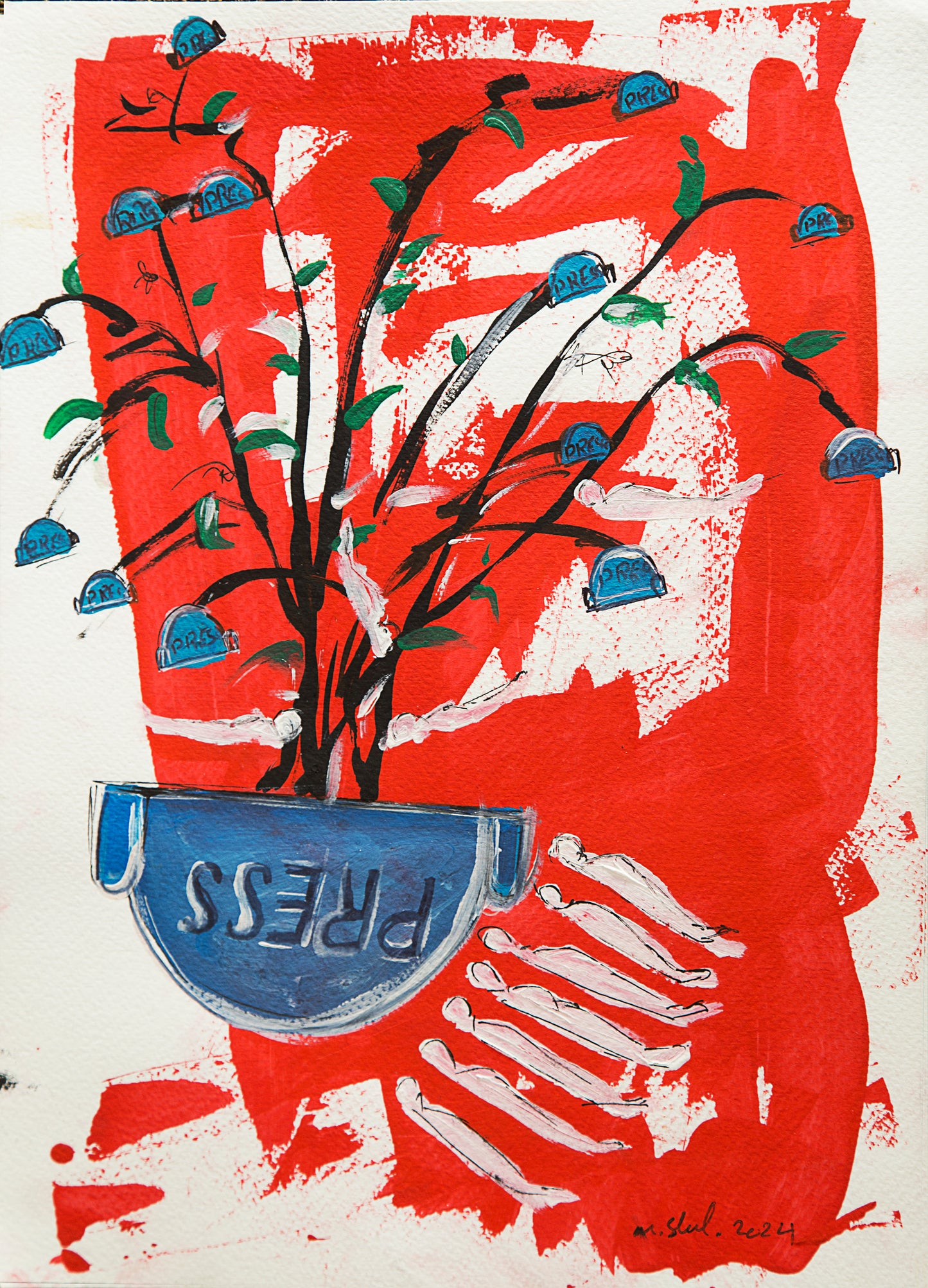 Painting of a press helmet used as a planter and a tree with branches of press helmets as leave. Red background with body bags of deceased press journalists. Political Palestinian art by Muftah Elsheref