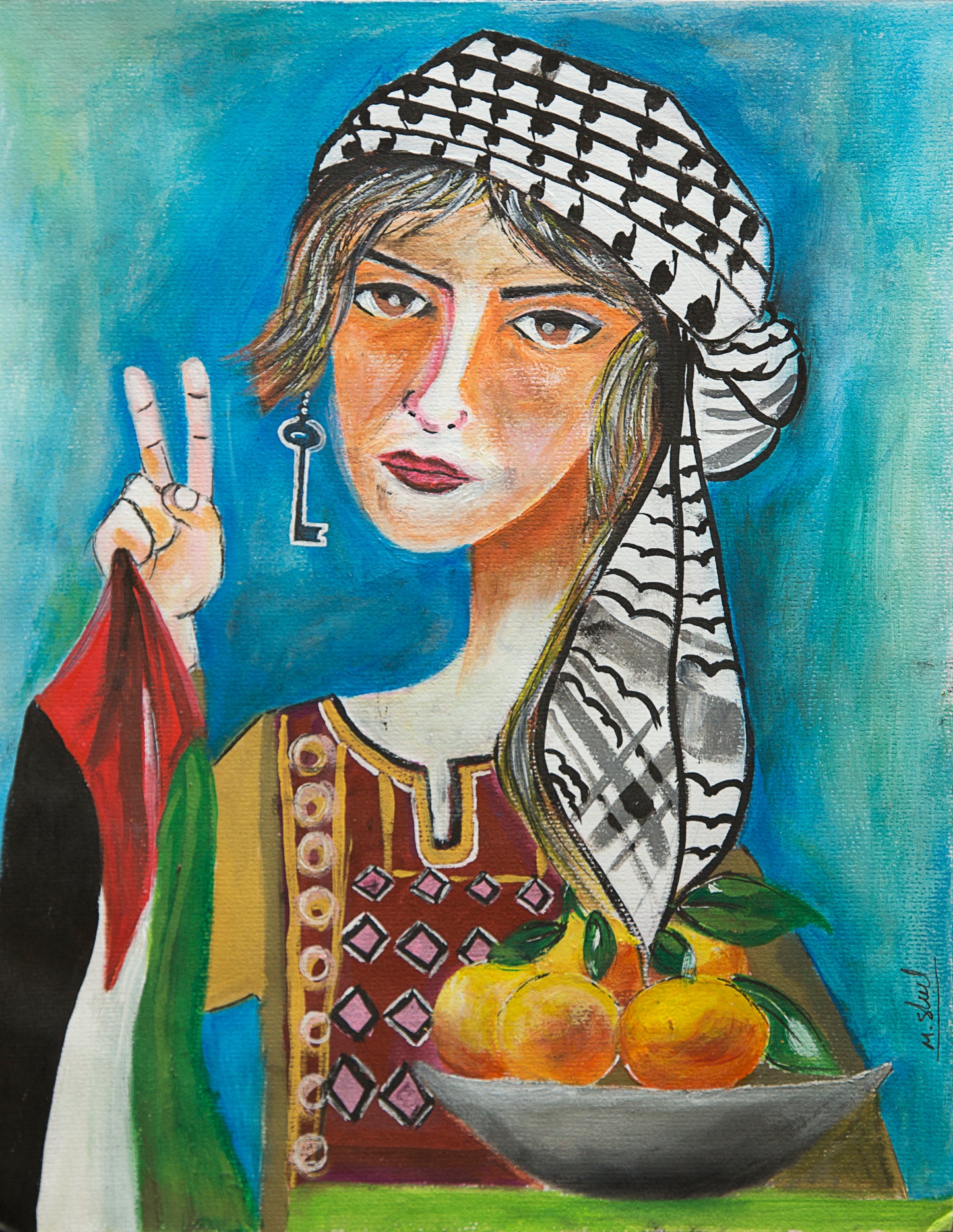A portrait of a woman in black and white keffiyeh wearing a thobe and holding a Palestinian Flag in one hand a bowl of oranges in the other. Political Palestinian art by Muftah Elsheref.