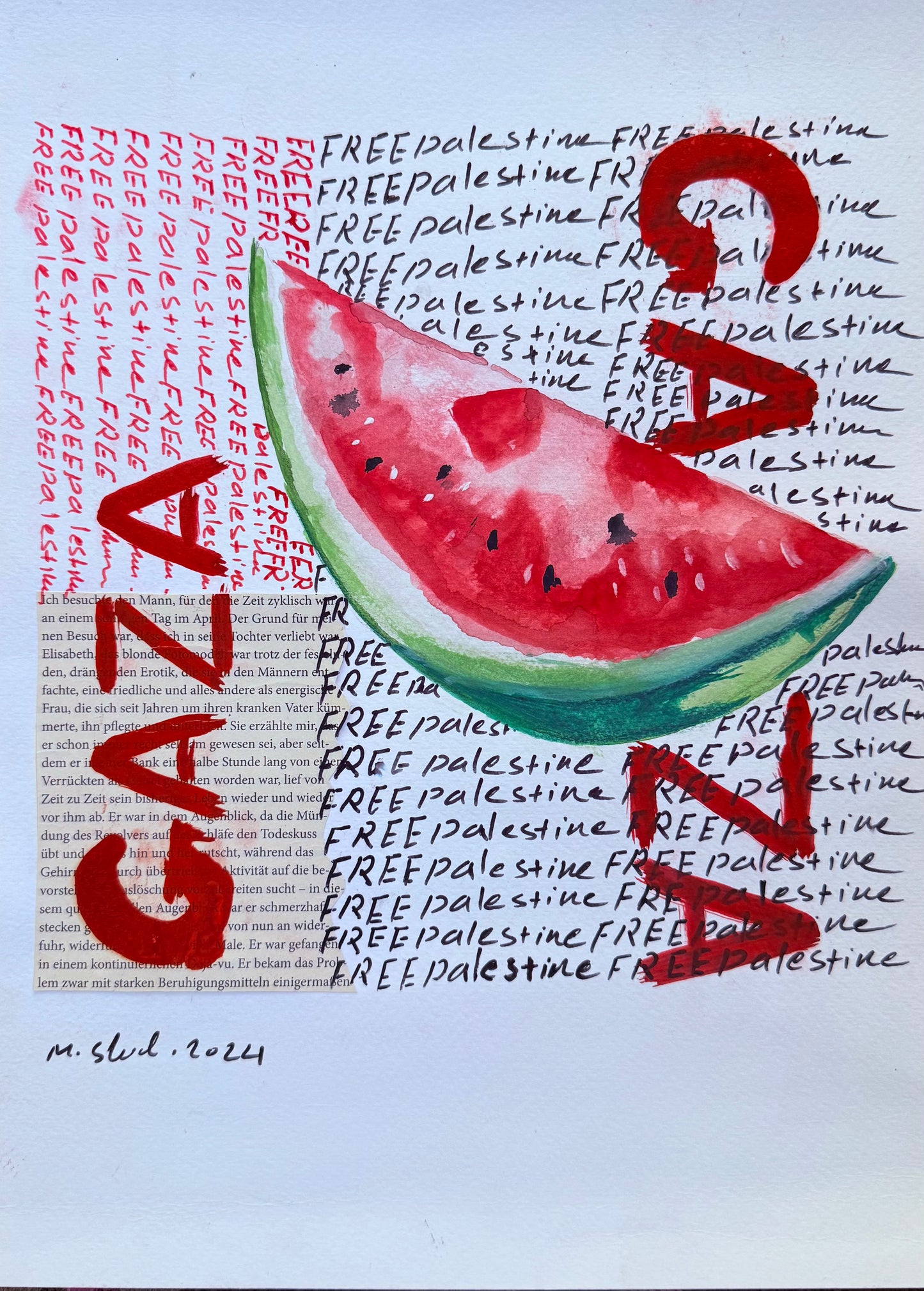 Contemporary Palestinian painting featuring a watermelon slice overlaid with “FREE Palestine” text and bold red “GAZA” typography — by Muftah Elsheref.