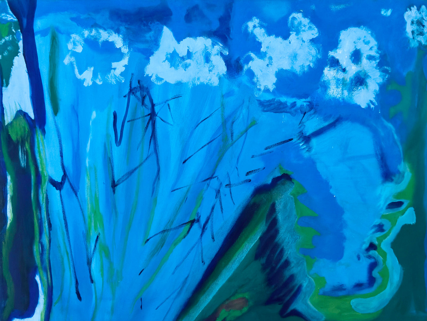 Abstract painting in layered blues with hints of green and white clouds
