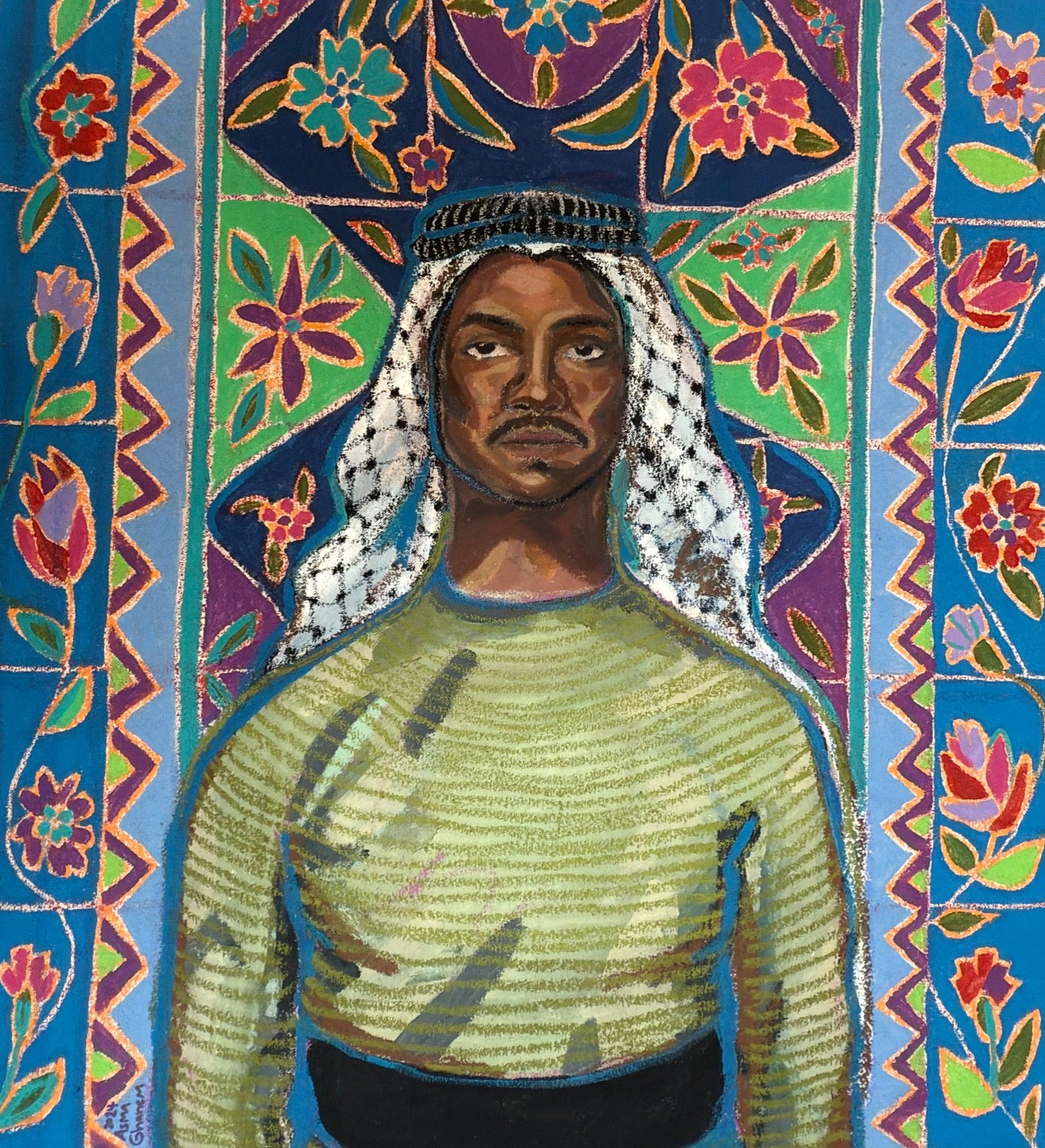 Portrait of a Palestinian man wearing a keffiyeh, set against a vibrant floral and geometric patterned background in bold blues, greens, and reds.