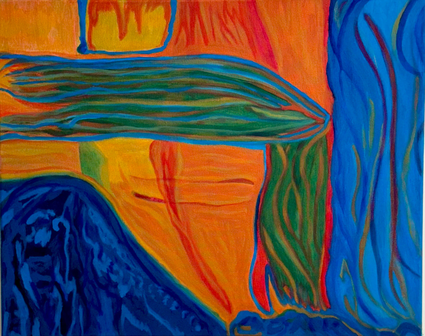 Abstract painting with layers of orange, blue, and green forming wave-like patterns and woven textures