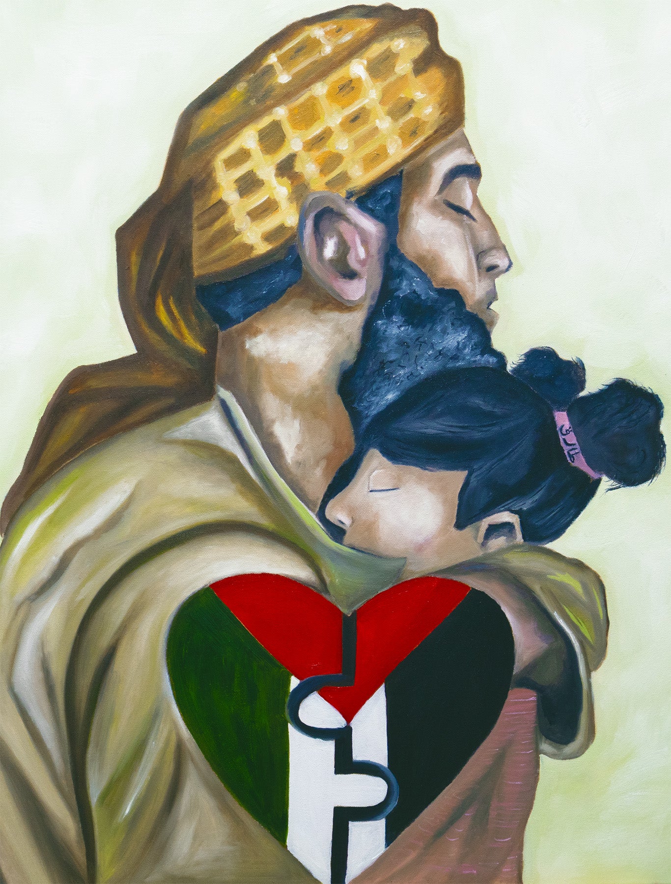 Painting of a Palestinian father holding his daughter, both with closed eyes, a heart-shaped flag on his chest symbolizing unity, love, and sacrifice.