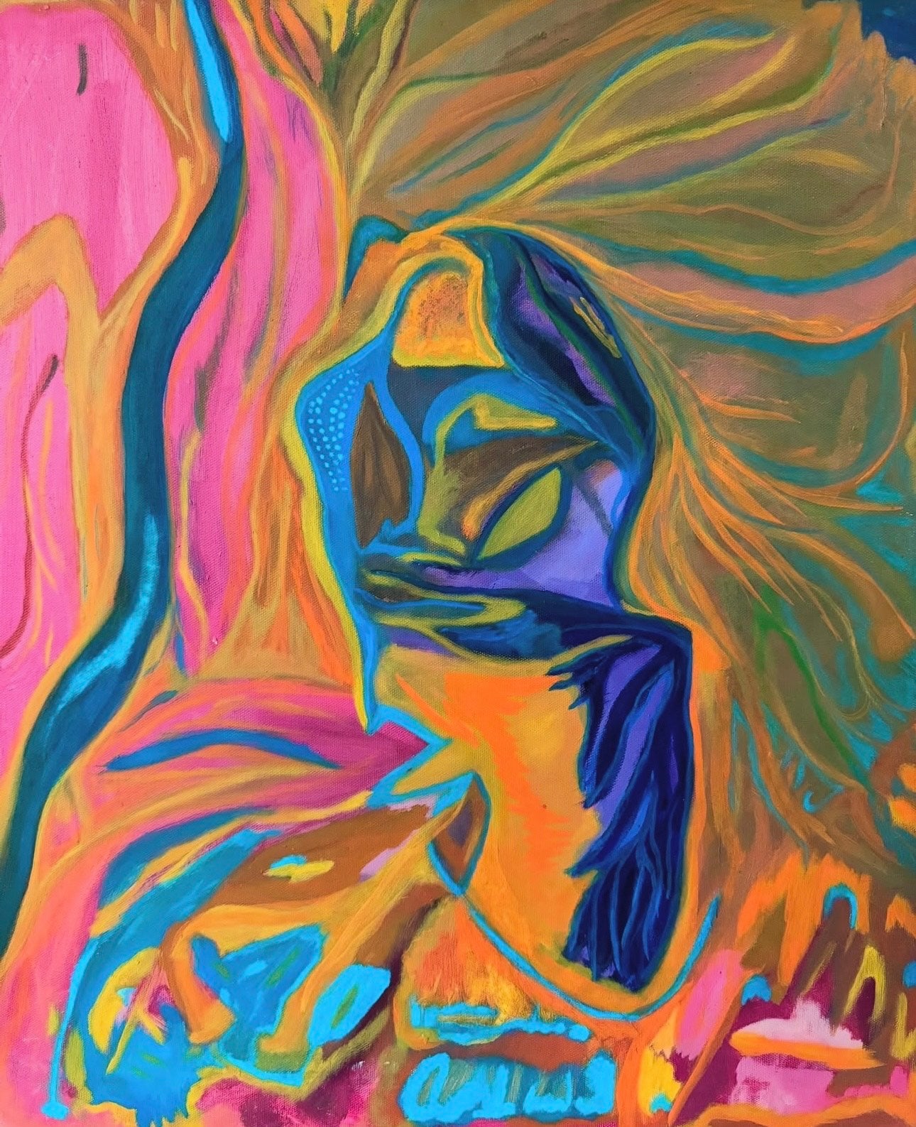 Abstract portrait painting in vibrant orange, blue, and pink tones