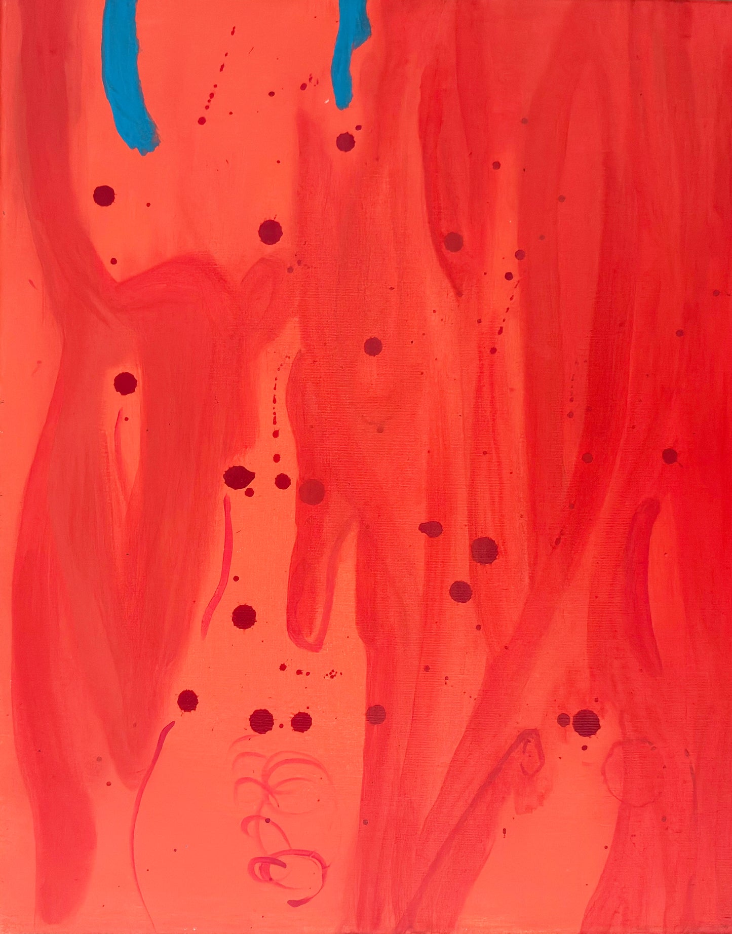 Abstract painting in warm reds with scattered dark droplets and flowing forms, interrupted by two bold blue strokes