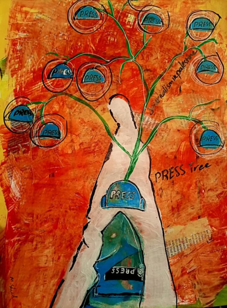 Painting of a figure with press vests and helmets forming a tree labeled “journalism in Palestine” – symbolic Palestinian art by Muftah Elsheref
