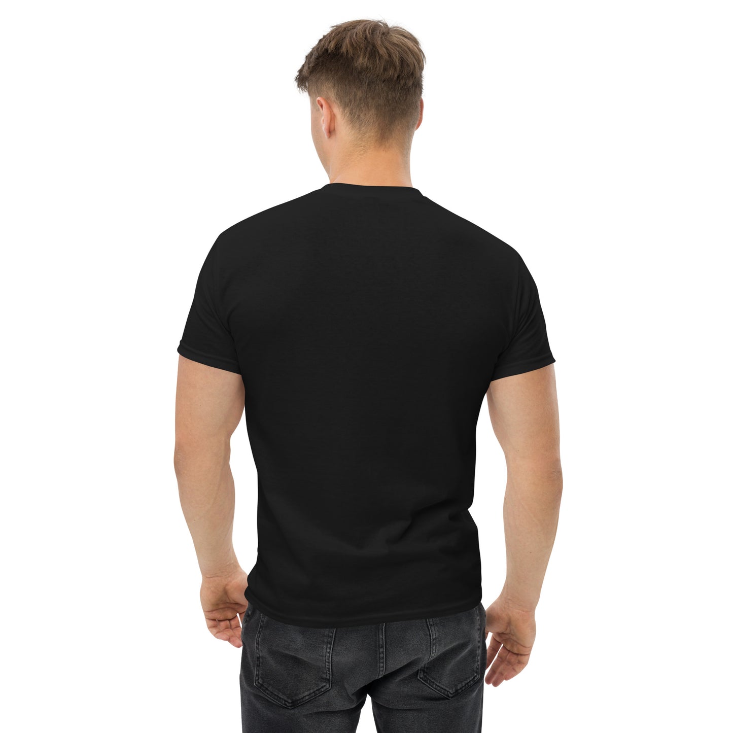 Back view of black t-shirt worn by male model, showcasing the plain rear side of the classic Gallery Habibi logo tee