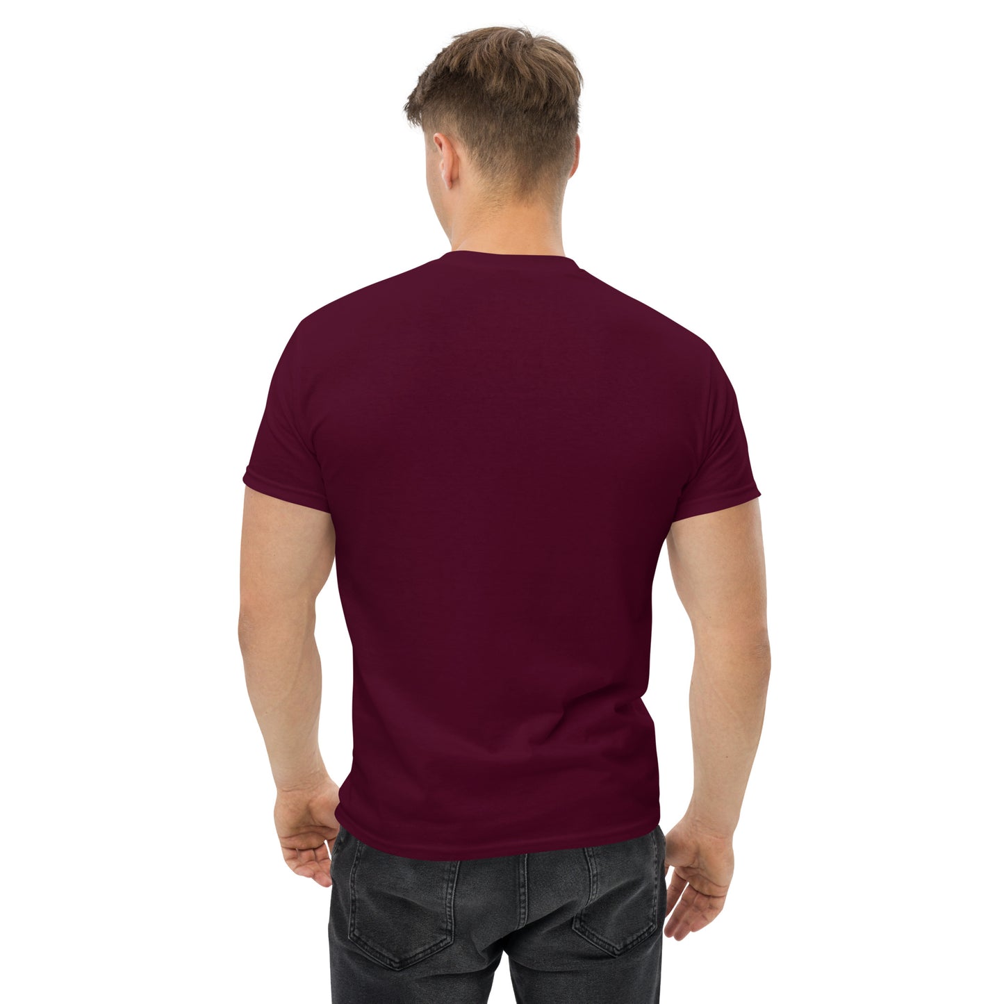 Back view of maroon t-shirt worn by male model, showcasing the plain rear side of the classic Gallery Habibi logo tee