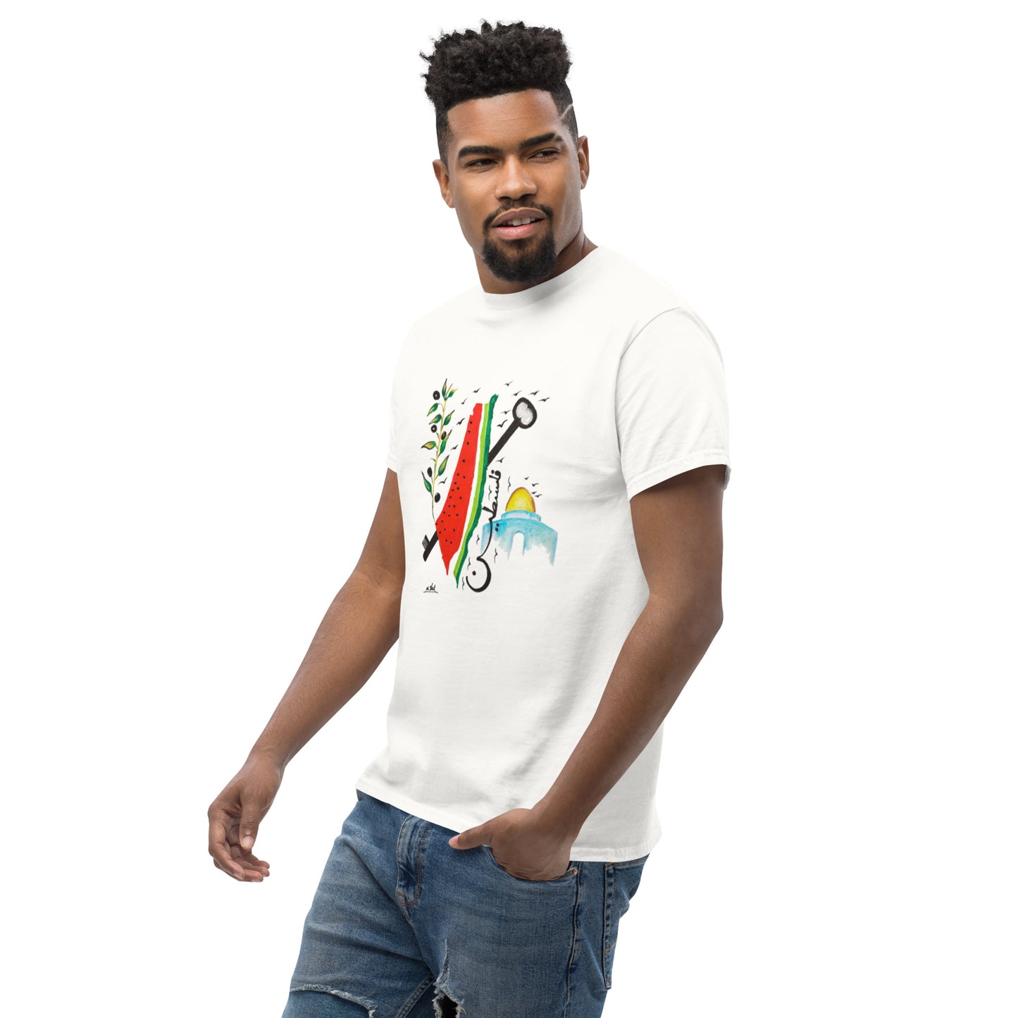 Semi-side view of white T-Shirt featuring "A Slogan for Palestine" design by Muftah Elsheref, with bold watermelon slice, olive branch, key and Arabic calligraphy
