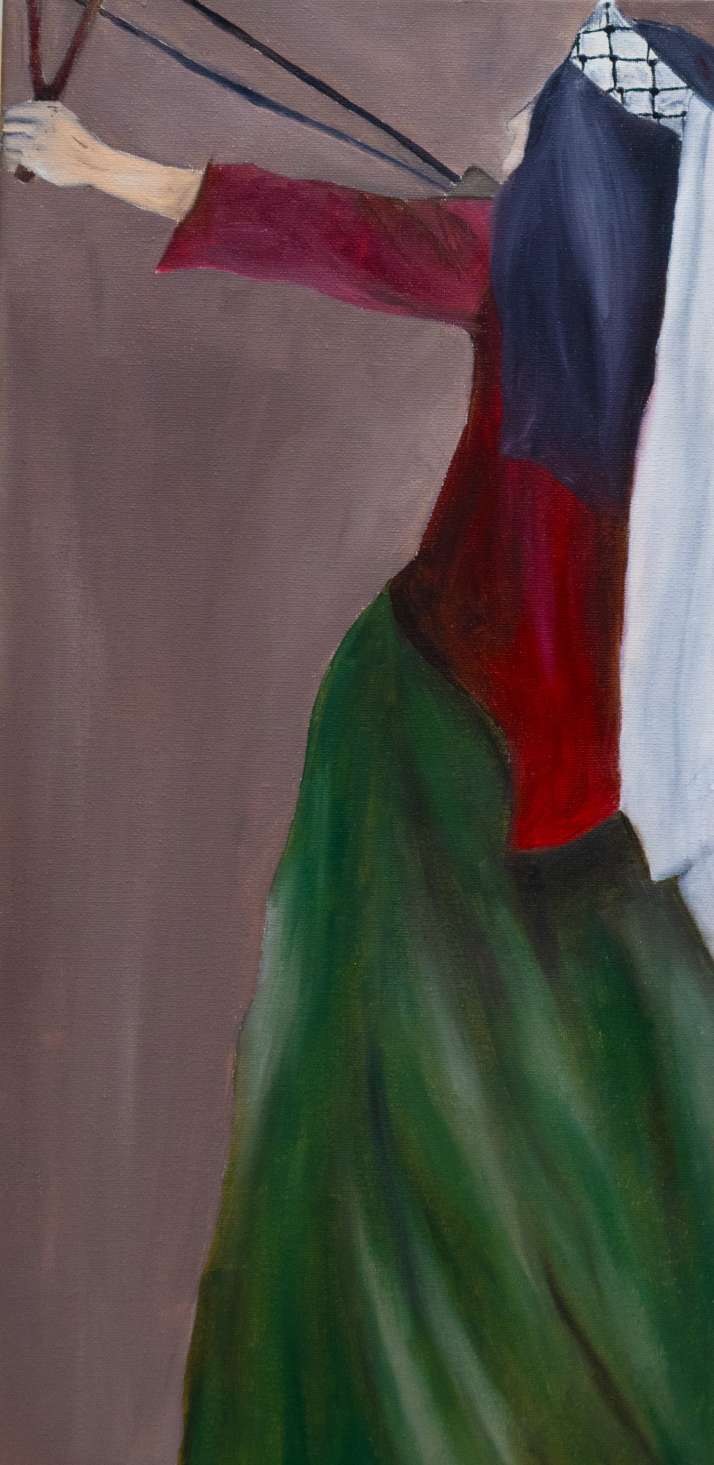 Oil painting of a veiled woman in traditional Palestinian dress pulling back a slingshot, her stance fierce and unwavering against a muted background.