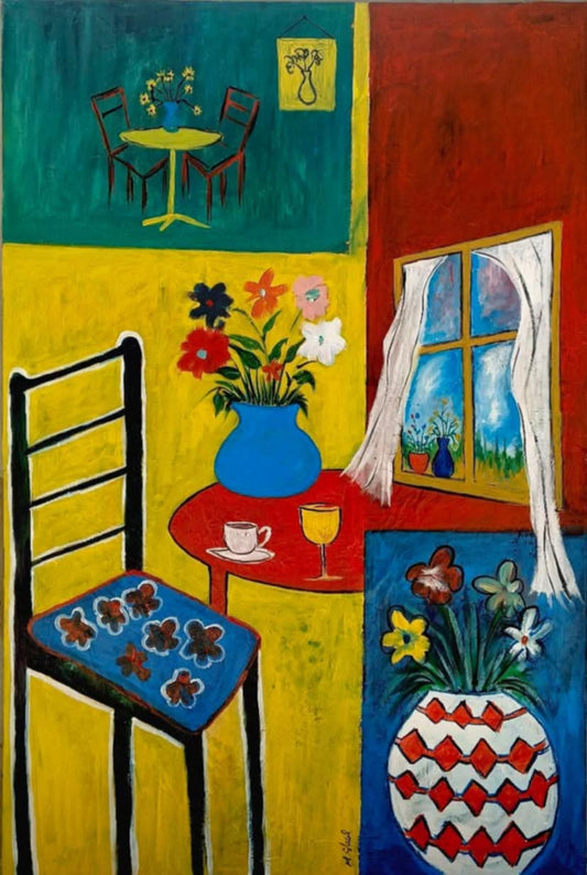 Colorful Acrylic on Canvas painting of a chair, table with two flower vases and a window with curtains looking out to a beautiful sky. 