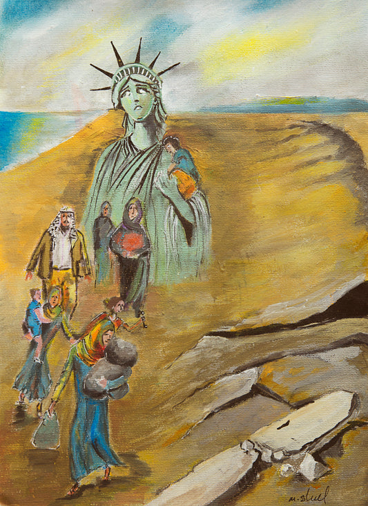 Portrait of the Statue of Liberty in the hills overlooking palestinian people who have been displaced. Political Palestinian art by Muftah Elsheref.