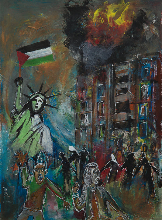 Bold portrait of palestinans being bombed in Gaza.  Statue of Liberty waving the Palestinian Flag.  Political Palestinian art by Muftah Elsheref