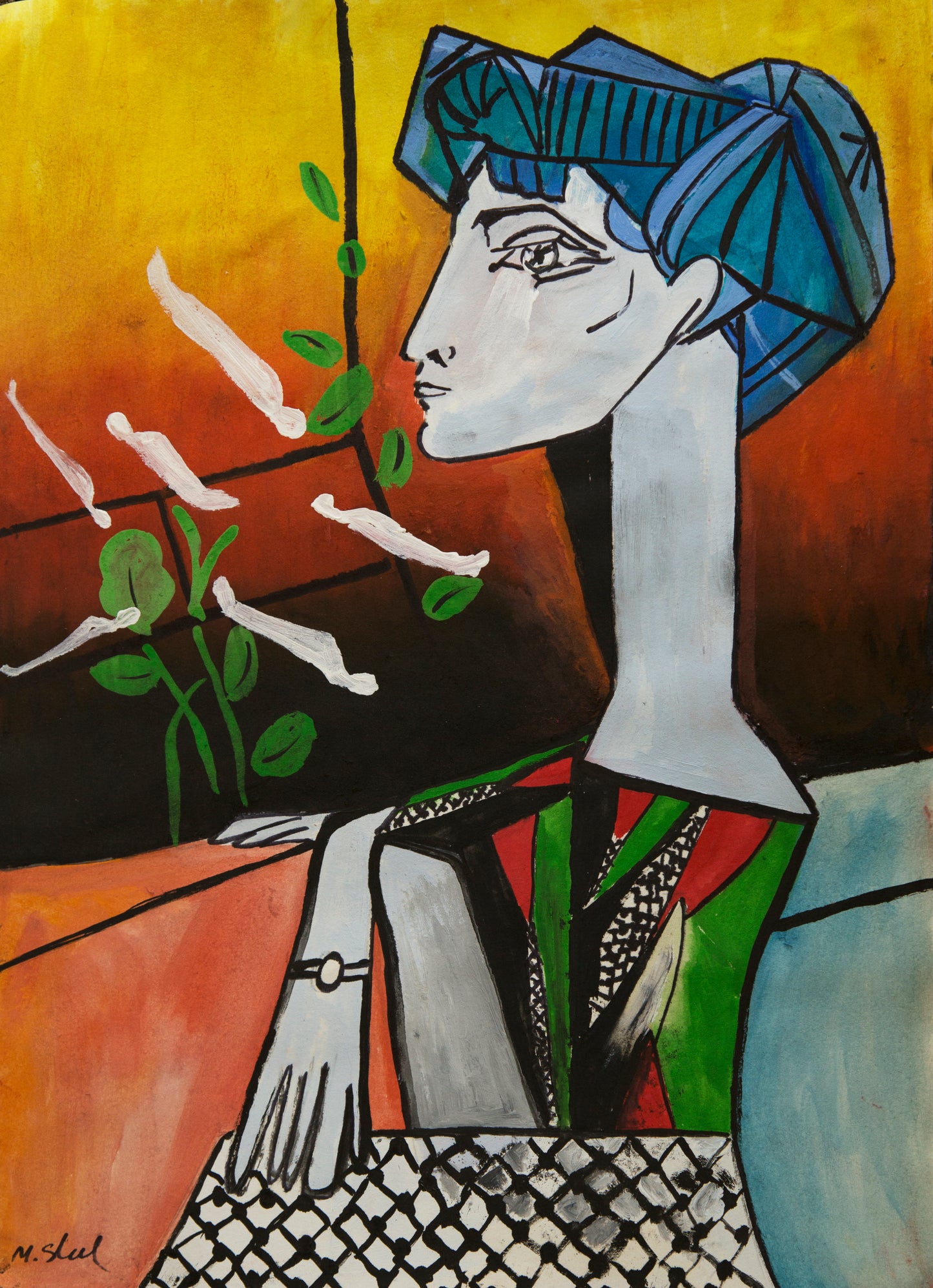 Portrait of a woman in keffiyeh looking at dead bodies in body bag. Political Palestinian art by Muftah Elsheref. 