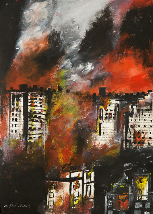 Portrait of Gaza buildings and skyline being bombed with red smoky skies. Political Palestinian art by Muftah Elsheref