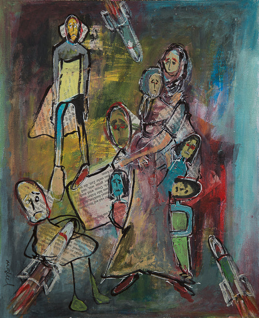 Painting of children witnesses bombs being dropped on them. Political Palestinian art by Muftah Elsheref