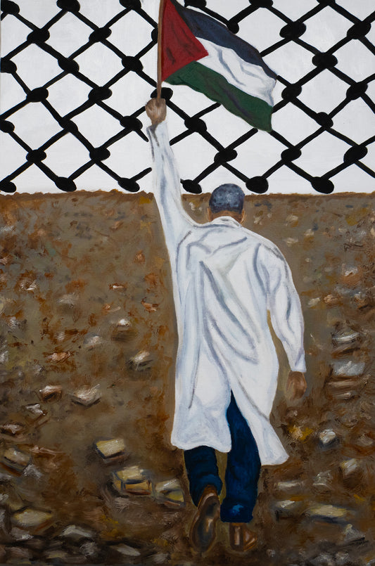 Oil painting of a man in a white coat holding a Palestinian flag, walking toward a chain-link fence across rocky ground, symbolizing resistance and defiance.