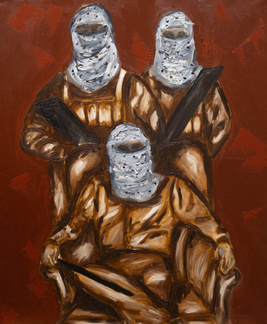 Painting of three masked Palestinian figures in brown clothing with keffiyehs wrapped around their faces, holding weapons against a deep red background.