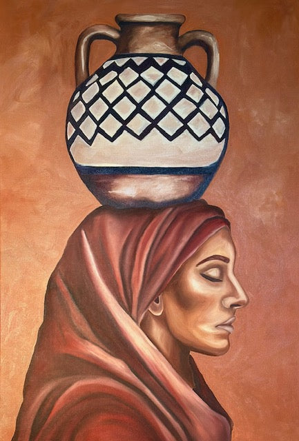Oil painting of a Palestinian woman in a red headscarf, eyes closed, balancing a ceramic jug with keffiyeh pattern atop her head against a warm earth-toned background.