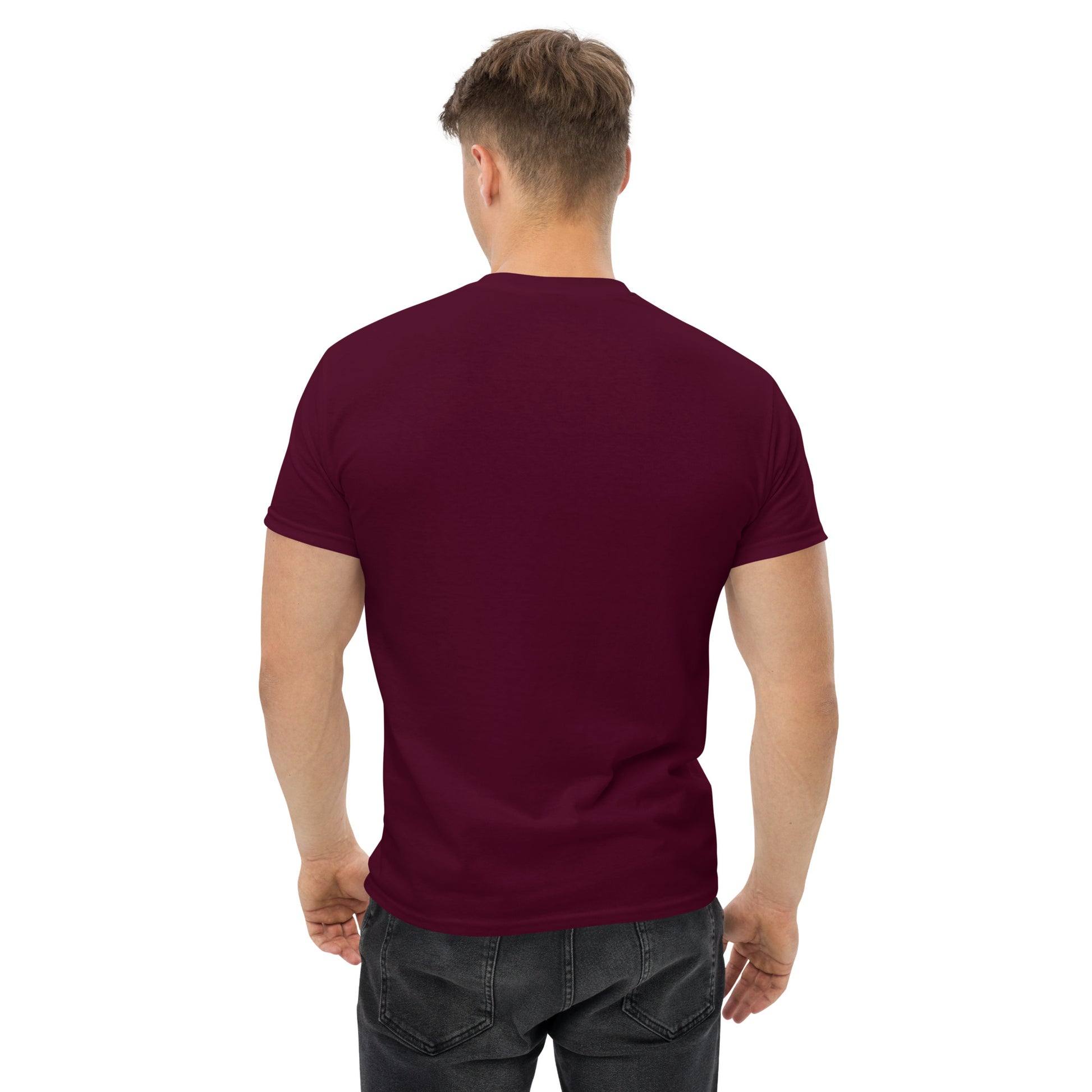 Back view of maroon t-shirt worn by male model, showcasing the plain rear side of the classic Gallery Habibi logo tee
