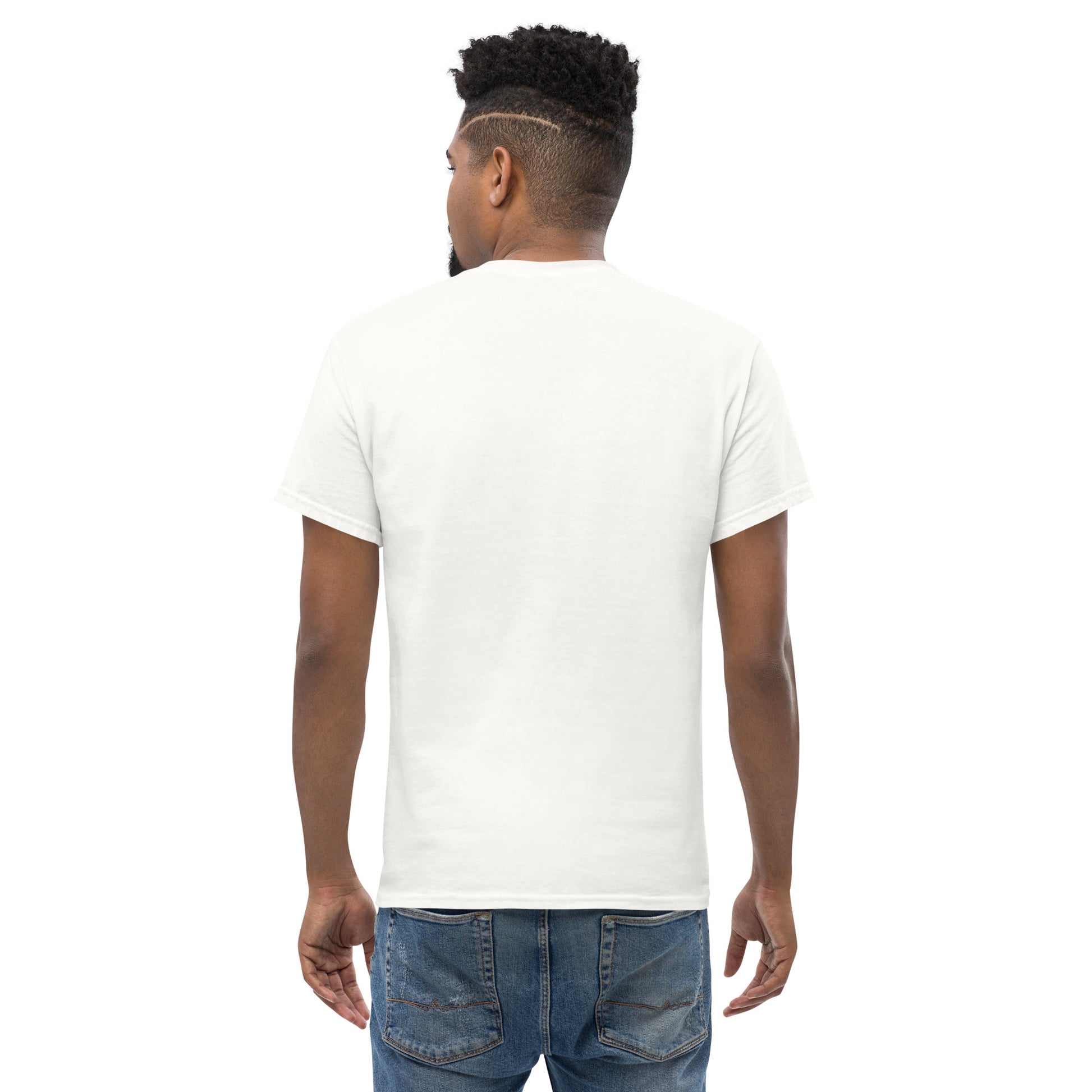 Back view of plain white T-shirt with no design, part of the "A Slogan for Palestine" apparel collection by Gallery Habibi
