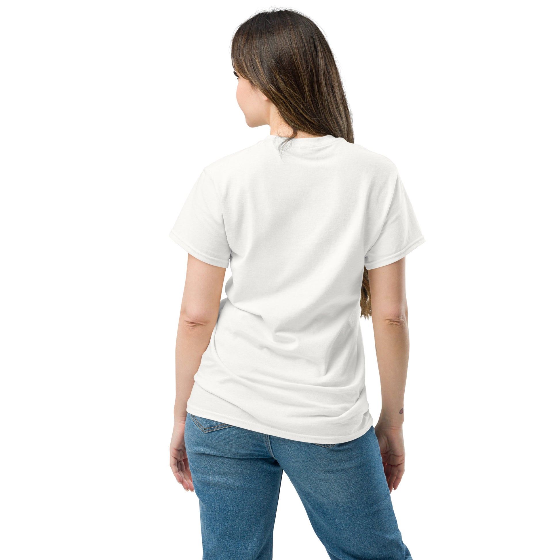 Back view of woman wearing plain white t-shirt with no visible design, paired with blue jeans